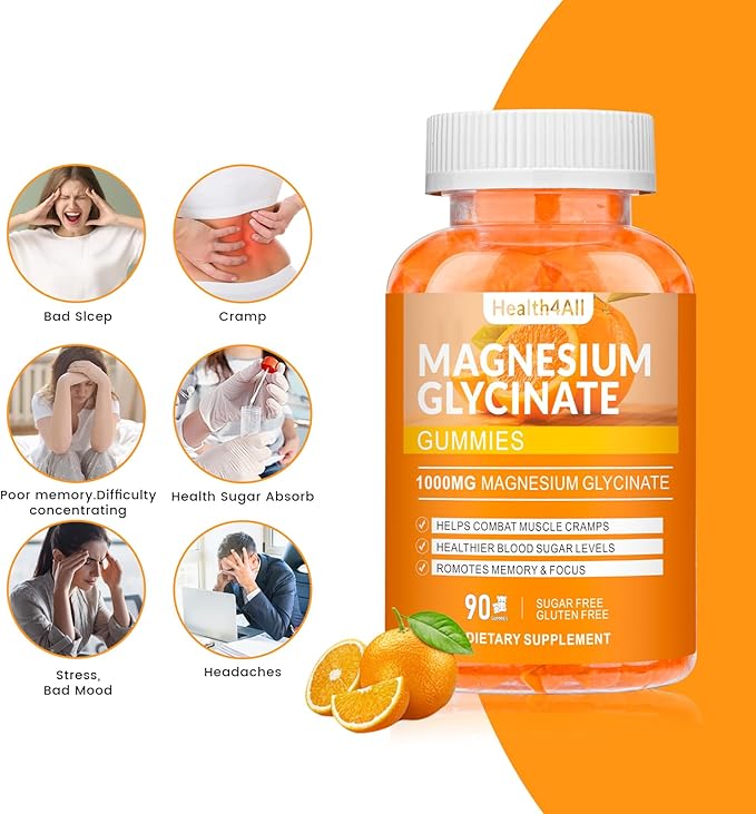 Magnesium Glycinate Gummies 1000mg, High Absorption Sugar Free Magnesium Potassium Supplement for Relaxation, Stress Relief, and Sleep Support for Adults & Kids - 90 Orange Gummies