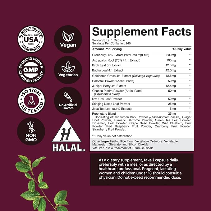 Kidney Support Cranberry Supplement for Women and Men - High Strength Kidney Cleanse Detox & Repair Formula with Stinging Nettle and Astragalus for Kidney and Bladder Health - Non-GMO Halal and Vegan