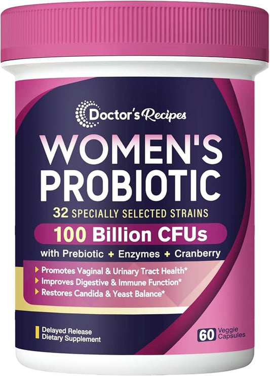 Doctor's Recipes Probiotics for Women, 100 Billion CFU 32 Strains, with Prebiotic Fiber, Enzymes & Cranberry, Vaginal Urinary Digestive & Immune, No Yeast, Shelf Stable, Delayed Release, 60 Caps
