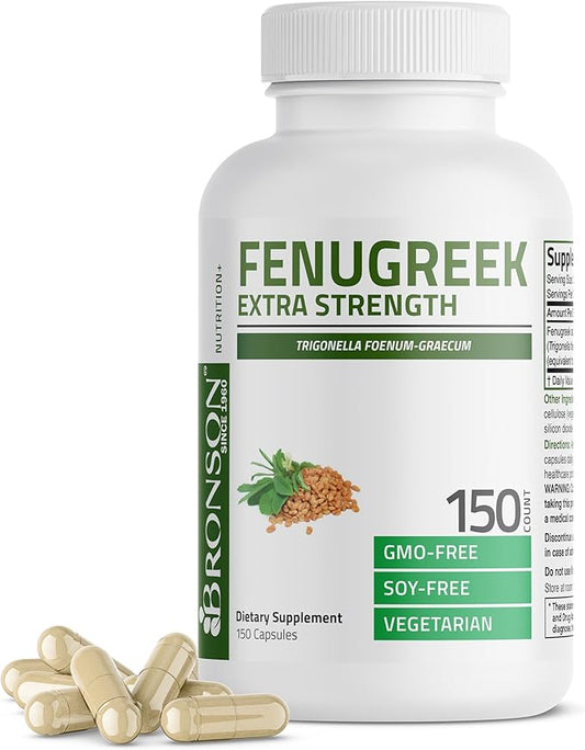 Bronson Fenugreek Seed Powder Capsules Extra Strength, Trigonella Foenum-Graecum, Non-GMO, Soy-Free, Vegetarian, 150 Capsules