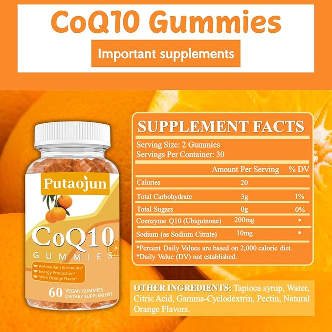 coq10 Gummies | coq10 Gummies for Adults | Orange Flavor | Sugar Free Coenzyme Q10 Vitamins Muscle & Bone Energy | Ultra High Absorption, Cellular Energy, Antioxidant (60 Count (Pack of 1))