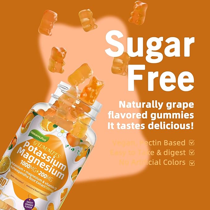 Potassium Magnesium Gummies,High Absorption Magnesium Glycinate,B6,D3,Potassium Citrate for Leg Cramps,Muscle,Electroyte for Adults Kids,Sugar-Free, 60 Gummies (Sweet Orange Flavor)