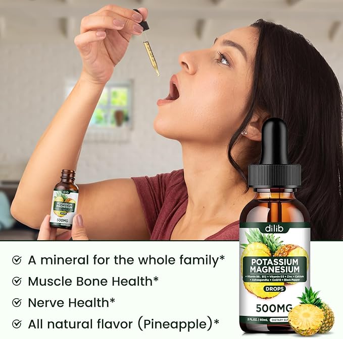 Potassium Magnesium Citrate Supplement, Liquid Magnesium Citrate Drops 500mg with Ashwagandha, Calcium, Zinc, Vitamin D3, B6, B12, CoQ10 - Vegan 2 fl oz Pineapple Flavor