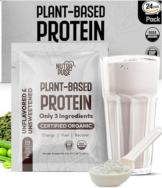 Organic Vegan Protein Powder Sample Pack – Plant-Based, Gluten-Free, Non-GMO, Dairy-Free, 28g Protein, Unflavored, Low-Carb, Keto-Friendly – Best for Smoothies & Shakes (24 Pack)