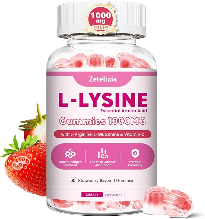 1000mg L-Lysine Gummies, Lysine Gummies Supplement for Adults & Kids, Essential Amino Acid with L-Arginine, L-Glutamine, Vitamin for Lip & Skin, Immune, Calcium Absorption, Strawberry Flavor, 60Ct