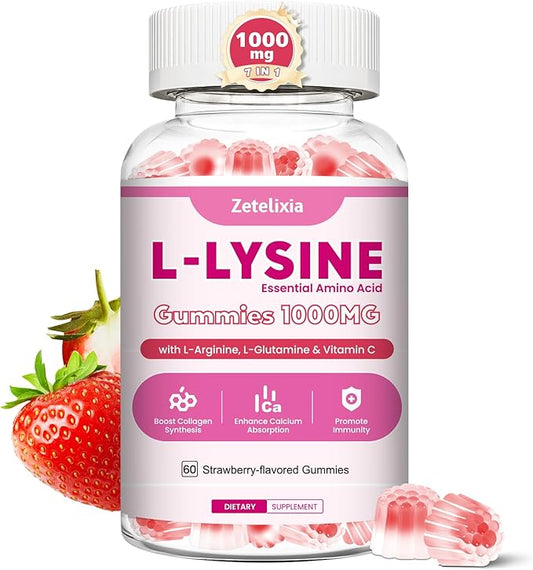 1000mg L-Lysine Gummies, Lysine Gummies Supplement for Adults & Kids, Essential Amino Acid with L-Arginine, L-Glutamine, Vitamin for Lip & Skin, Immune, Calcium Absorption, Strawberry Flavor, 60Ct