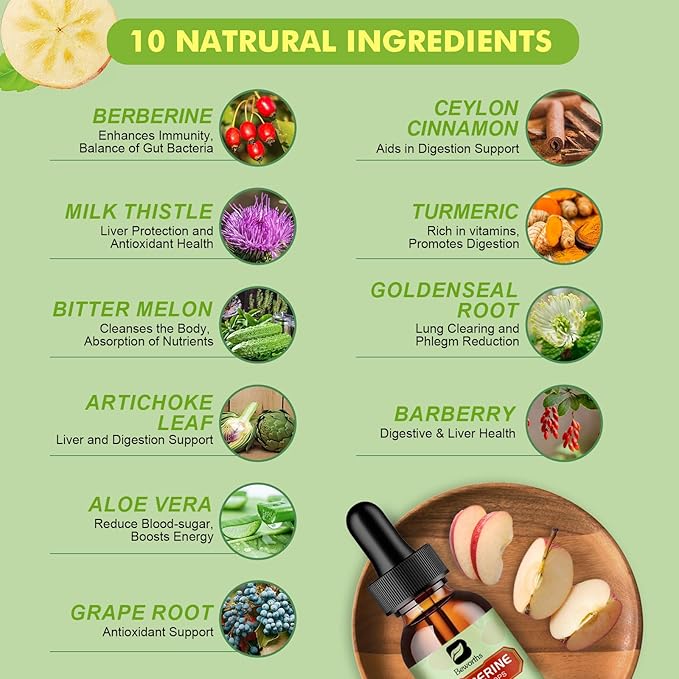 Berberine HCL Supplement with Ceylon Cinnamon - Berberine Liquid Drops with Turmeric, Ceylon Cinnamon, Bitter Melon, Milk Thistle, Berberine Veggie Supplement for Digestion System Support
