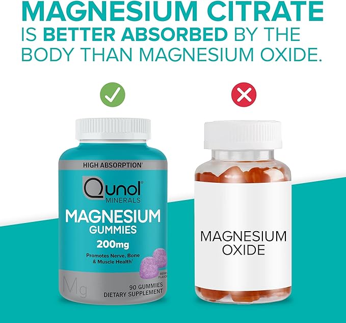 Qunol Magnesium Gummies for Adults, 200mg Elemental Magnesium (from 1,750mg Magnesium Citrate), High Absorption Magnesium Supplement, Supports Nerve, Bone and Muscle Health, Vegetarian, 90 Count