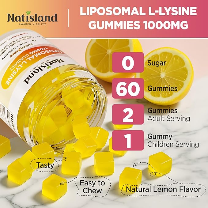 Liposomal L-Lysine 1000mg Gummies, Lysine Supplements for Women & Men, Chewable Vitamin Lysine Gummies for Lips & Oral Health, Immune Support, Kids Friendly, Sugar-Free Lemon Flavor, 60 CT