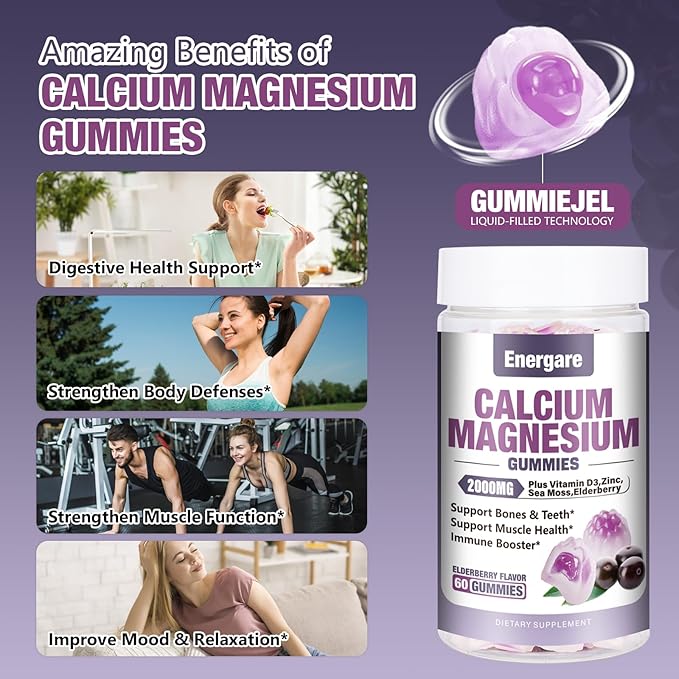 1 Pack Calcium Magnesium Zinc Gummies with Vitamin D3, Sea Moss, Calcium Gummies for Bone, Muscles, Calm Mood Support, Supplements for Kids & Adults, Sugar-Free, Vegan, Elderberry Flavor, 60ct