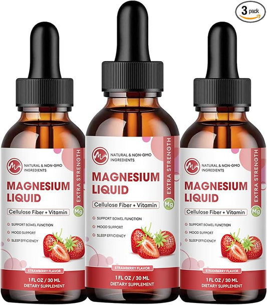 (3 Pack) Magnesium Glycinate Liquid Drops, High Absorption Magnesium Liquid with Bromelain, Vitamin B6 C D, Magnesium Supplement for Kids and Adults, Night & Muscle Support, Strawberry Flavor