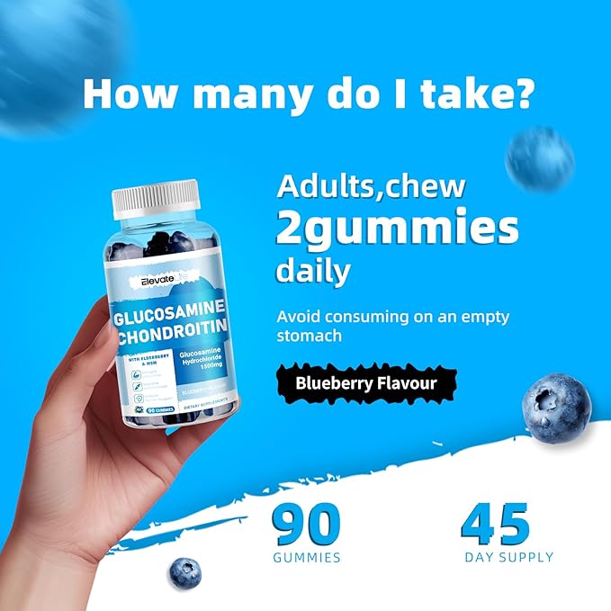 Glucosamine Chondroitin Gummies - Extra Strength Joint Support Supplement with MSM & Elderberry for Natural Joint, Antioxidant Immune Support for Adults, Men & Women 90 Blueberry Gummies