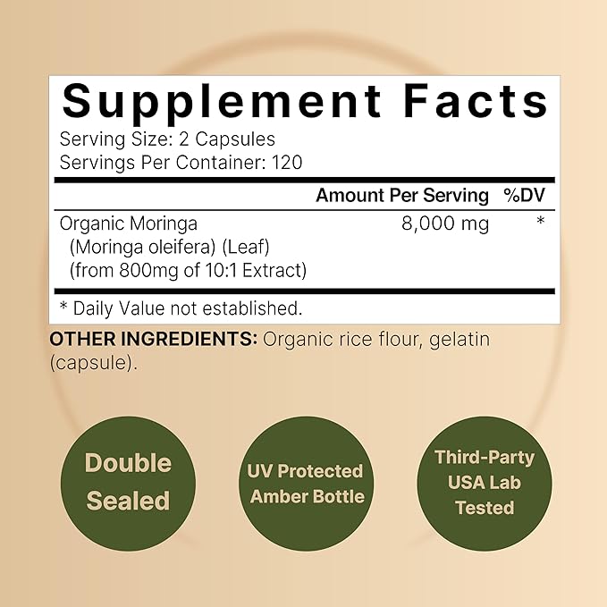 NatureBell 2 Pack Moringa Capsules 8000mg Per Serving, 480 Total Capsules | Green Superfood, Skin Health & Immune Support | Non-GMO, Gluten Free