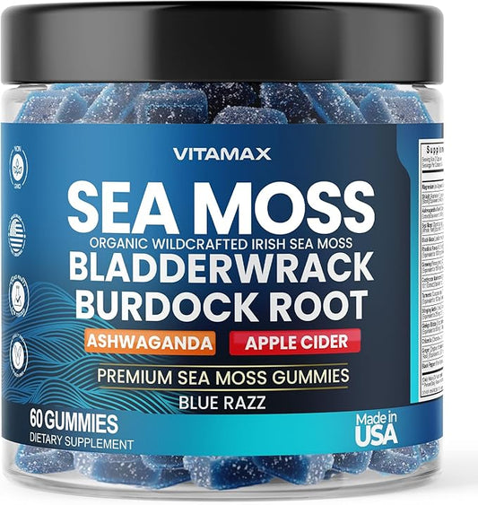 Irish Sea Moss Gummies, Sea Moss 3000mg, Bladderwrack 2000mg, Ashwagandha 800mg, Burdock Root 400mg, ACV, Non-GMO and Vegan – Made in USA – 60ct