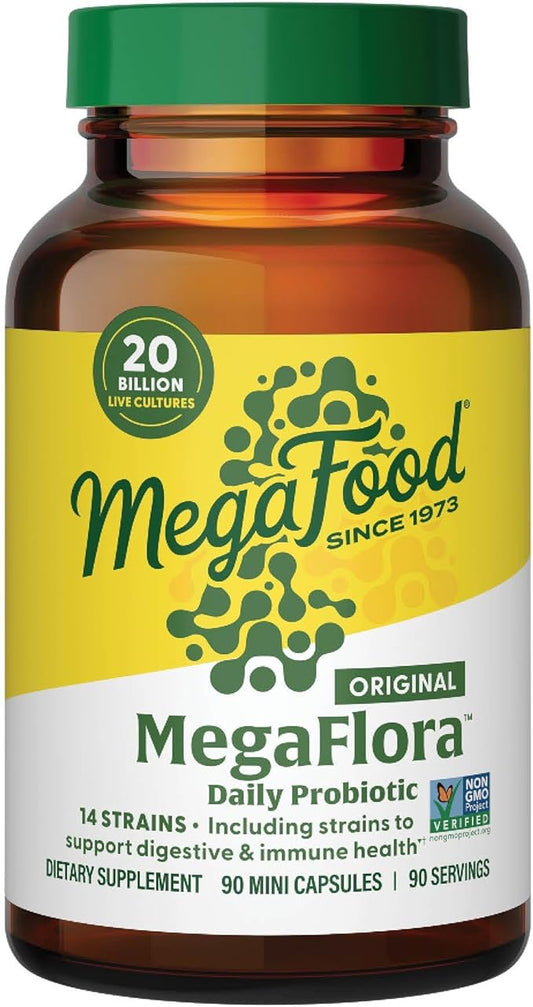 MegaFood MegaFlora Probiotic - Probiotics for Women Digestive Health - Immune Support Supplement - 20 Billion CFU - 14 Strains - Non-GMO - Vegetarian - 90 Mini Capsules (90 Servings)