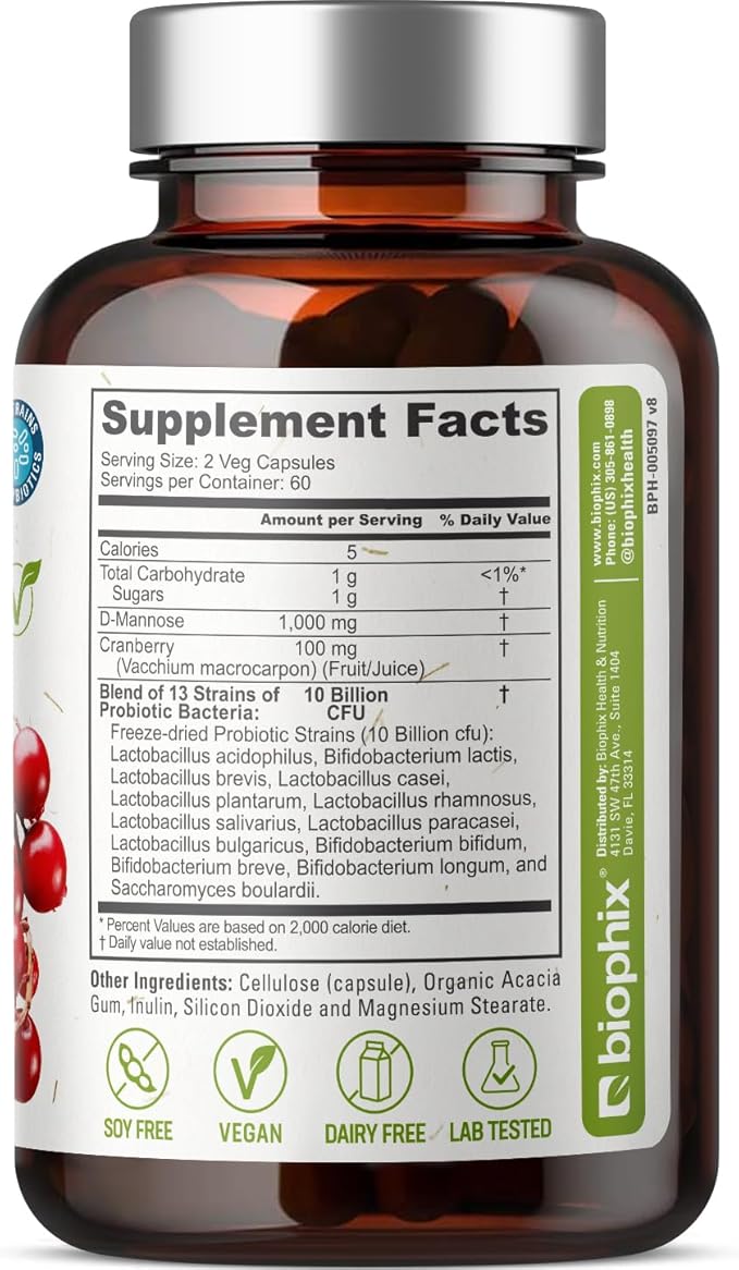 biophix D-Mannose 1000mg Capsules with Cranberry & Probiotics - D Mannose Supplements for Women - D-Mannose Pills for Urinary Tract & Bladder Health Support - Digestive Well-Being - 120 Vcaps