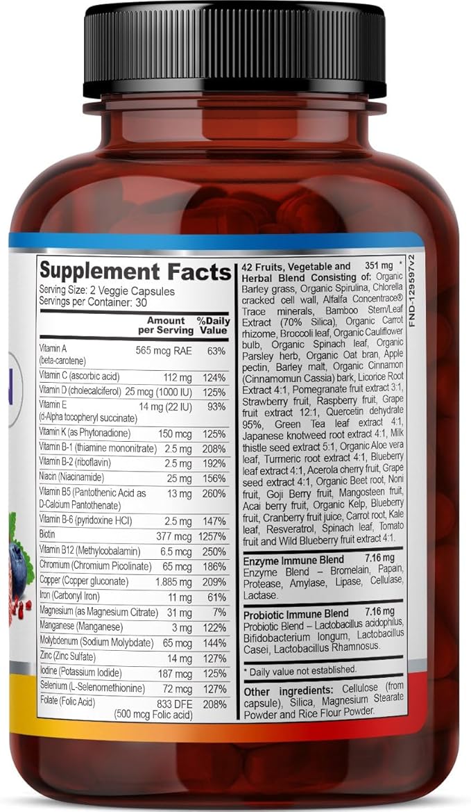 FineLand Multi-Vimin Daily Complete | 22 Vitamins, 42 Fruits, Veggies & Herbs Blend | Immune & Digestive Support with Enzymes, Probiotics & Full Spectrum Minerals | 60 Vegan Capsules