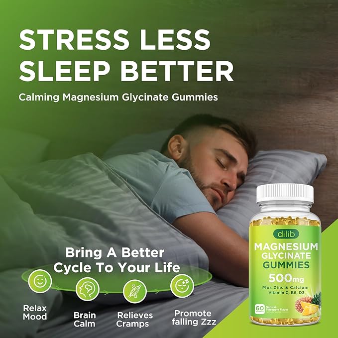 Magnesium Glycinate Gummies 500mg Magnesium Supplement with Calcium, Zinc, Vitamin C, B6, D3-Calm Chewable Gummies for Kids & Adults-Sleep, Mood & Muscle Support-Pineapple Flavor, 60 Gummies