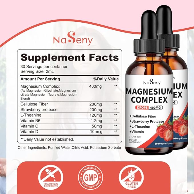 Liquid Magnesium Blend 400mg, Kids Magnesium Glycinate Complex Liquid Drops with Vitamin for Men and Women Bone Health, Relaxation and Sleep (2 Pack)