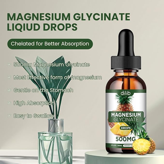 Magnesium Glycinate Supplement, Liquid Magnesium Glycinate Liquid Drops 500mg-Support Stress Relief, Relaxation, Mood, Sleep, Bone & Muscle-2 Fl Oz, Vegan, Pineapple Flavor