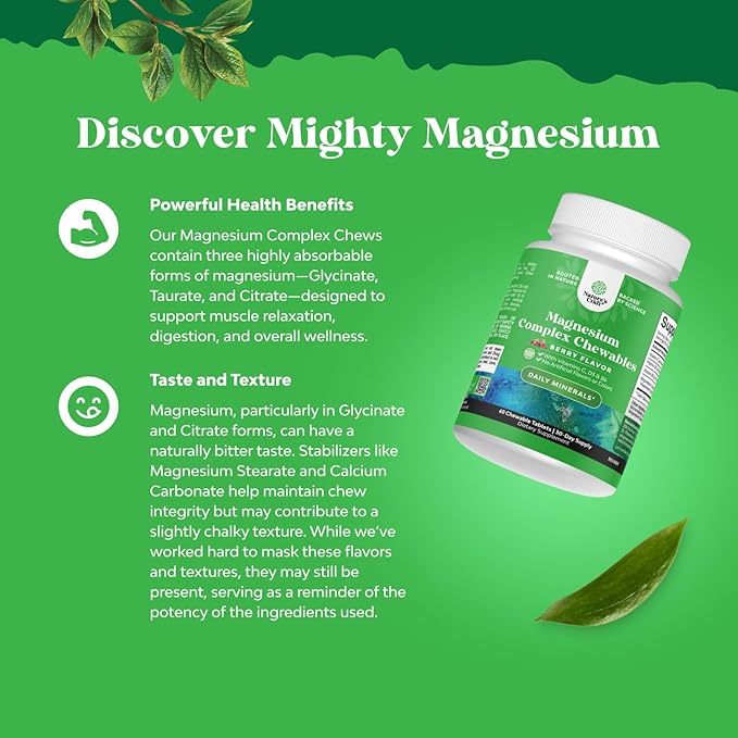 Sugar Free Magnesium Glycinate Chewable - Chewable Magnesium for Adults & Kids with Glycinate Taurate & Citrate Complex Plus Vitamins D3 B6 & C - Vegetarian Non-GMO & No Artificial Flavors (90 Day)