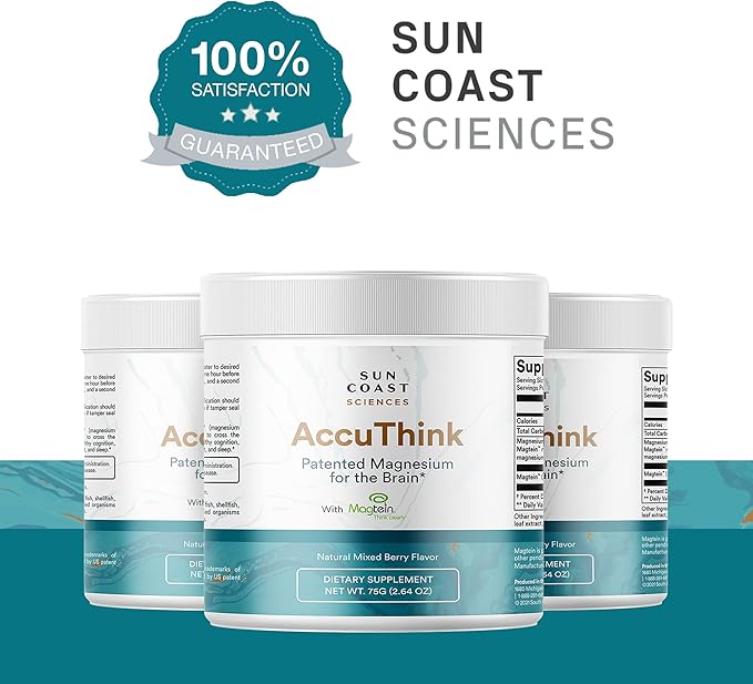 Sun Coast Science Sun Coast Sciences AccuThink - Patented Magnesium Brain - 2.64oz Memory Supplement Brain Health, Sleep, Mood Boost - Cognitive Support Supplement Magnesium Threonate Vitamin C