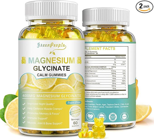 Magnesium Glycinate Gummies 400mg - Sugar Free Magnesium Potassium Supplement with Magnesium Malate, Vitamin D, B6, and CoQ10 for Calm Support & Sleep for Adults - Lemon Gummies