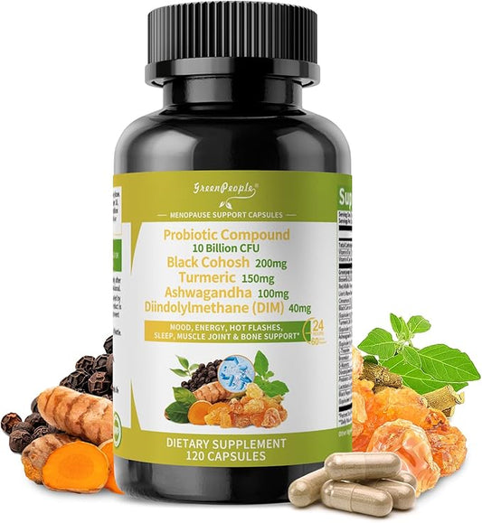Menopause Supplements for Women - Black Cohosh & Ashwagandha for Hot Flashes, Night Sweats, Mood Swings, Hormonal Balance Support,10 Billion CFU Probiotic - 120 Capsules Vegan Gluten-Free