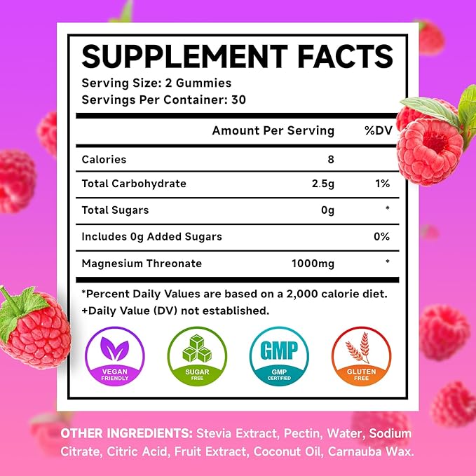 2 Pack Magnesium Threonate Gummies 1000mg, Magnesium L-Threonate Supplement for Kids & Adults, Muscle & Nervous System Support, Non-GMO, Sugar-Free, Raspberry Flavor, 120 Count