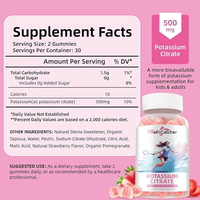 Potassium Gummies Supplement Men Women - High Potassium Citrate Gummies Sugar Free for Adults Kids Support Leg Cramps Electrolyte Balance Vegan Non-GMO Organic Strawberry Flavor 60 Counts