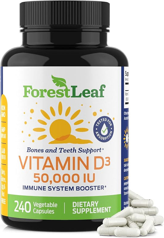 ForestLeaf Vitamin D3 50,000 IU | VIT D - VIT D3 Vitamin D Supplement for Women and Men | Bone Health, Teeth, Immune Support | Easy to Swallow Pills | High Potency WEEKLY Dose, 4-Year Supply, 240 Caps