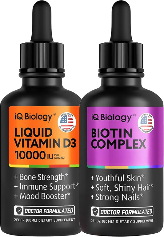 Liquid Biotin & Vitamin D3 Drops – Advanced Hair, Skin, Nail & Bone Support Bundle for Women & Men – Extra Strength Biotin, Collagen & Keratin with Vitamin D3 for Immunity, Teeth & Muscle Health
