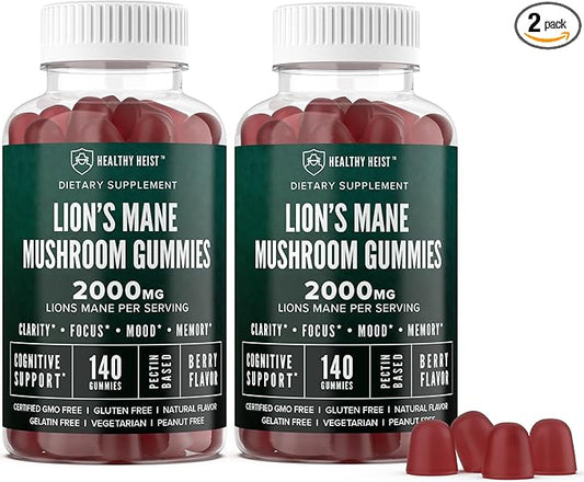 Lions Mane Mushroom Gummies for Adults, 280 Count Bulk Lion's Mane Chewables, High Potency 10:1 Organic Extract amounts to 2000mg, Supplement Supports Mental Clarity, Focus, Mood and Brain Fog, 2 Pack