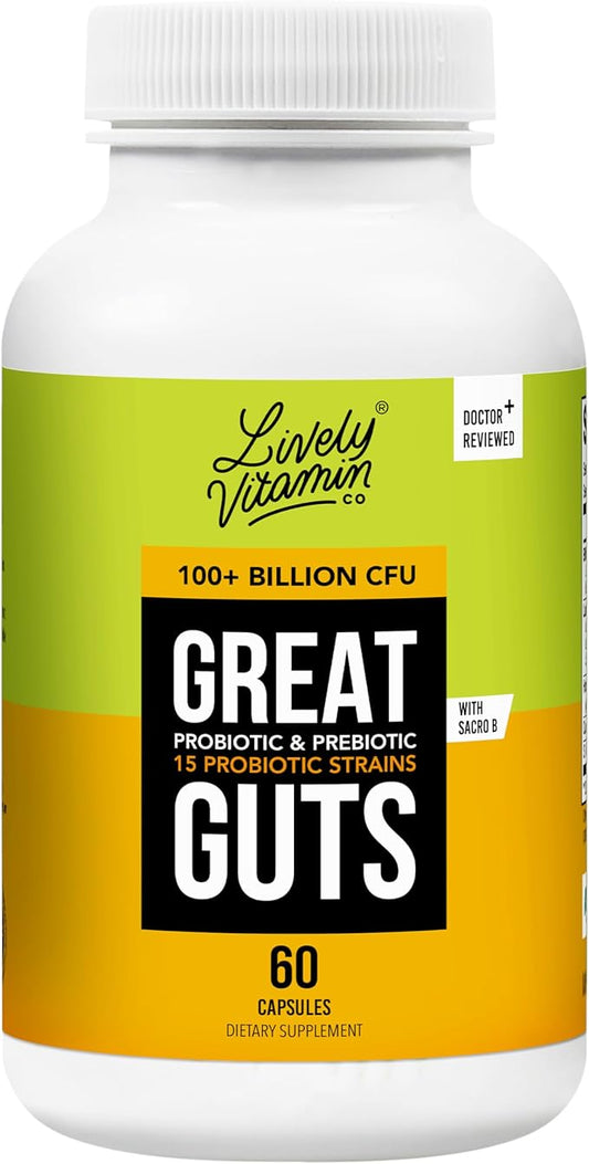 LIVELY VITAMIN CO. Great Guts Probiotic - 100 Billion CFU Probiotic - Balance Gut Microbiome, GI Tract, Inflammation, Indigestion, Reflux, Upset Stomach, & Diarrhea - 60 Caps