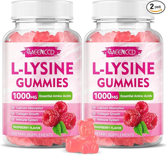 2 Pack L-Lysine 1000mg Gummies, Lysine Supplement for Adults & Kids, Essential Amino Acid for Lips & Oral Health, Boost Immune & Collagen & Calcium, Sugar-Free, Raspberry Flavor, 120 Count