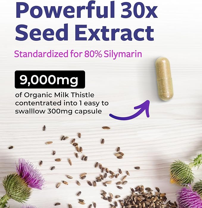 USDA Organic Milk Thistle Capsules - 80% Silymarin Supplement for Liver Support- Super Concentrated 300mg of 30:1 Milk Thistle Extract Equivalent to 9,000mg - Milk Thistle Liver Detox 120 Day Supply