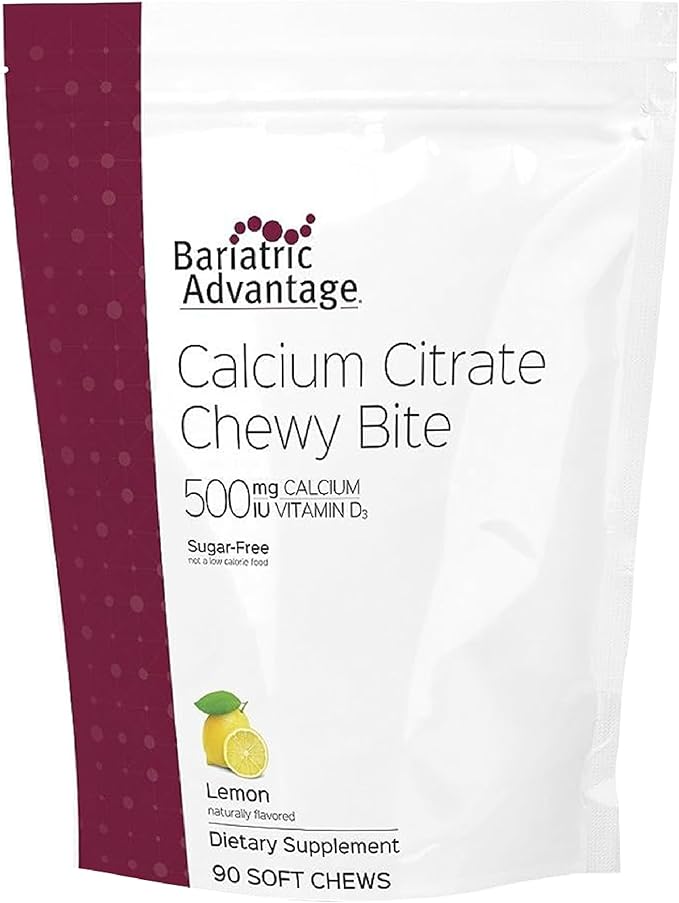 Bariatric Advantage Calcium Citrate Chewy Bites 500 mg - for Bariatric Surgery Patients - Vitamin D3 - Sugar-Free Chewable Calcium Supplement - Bariatric Calcium Chews - Lemon Flavor - 90 Count
