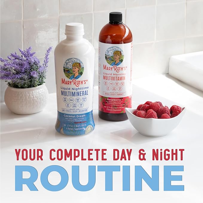 MaryRuth Organics Liquid Morning Multivitamin & Liquid Nighttime Multimineral Bundle, Vegan Vitamin C, Vitamin D, B Complex, Magnesium, Energy, Beauty, Sleep Support, NO Melatonin, 32 Fl Oz Each