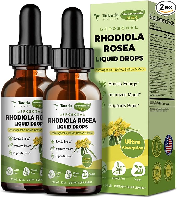 Liposomal Rhodiola Rosea Tincture, Ultra Strength Rhodiola Supplement with Ashwagandha, Saffron, Magnesium, SAM-e, Rhodiola Rosea Extract Liquid Drops for Natural Relaxation, Mood, Energy, Pack of 2