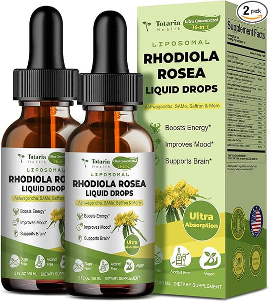 Liposomal Rhodiola Rosea Tincture, Ultra Strength Rhodiola Supplement with Ashwagandha, Saffron, Magnesium, SAM-e, Rhodiola Rosea Extract Liquid Drops for Natural Relaxation, Mood, Energy, Pack of 2