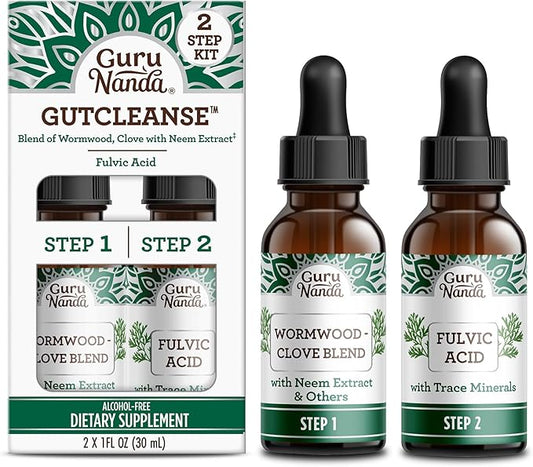 GuruNanda Gutcleanse 2-Step Kit - Dietary Supplement to Help with Digestion - Blend of Fulvic Acid, Wormwood, Clove & Neem Extract, 2x1 FlOz