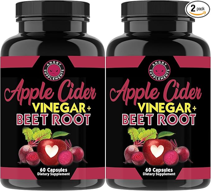 Angry Supplements Apple Cider Vinegar + Beet Root Powder Capsules, Pure ACV Beetroot 1000mg per Serving, Nitric Oxide Booster & Digestive Health for Men and Women 60ct, 2 Pack (120ct Total)