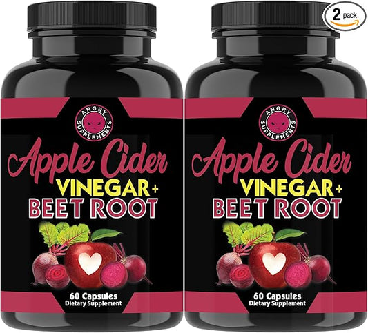 Angry Supplements Apple Cider Vinegar + Beet Root Powder Capsules, Pure ACV Beetroot 1000mg per Serving, Nitric Oxide Booster & Digestive Health for Men and Women 60ct, 2 Pack (120ct Total)