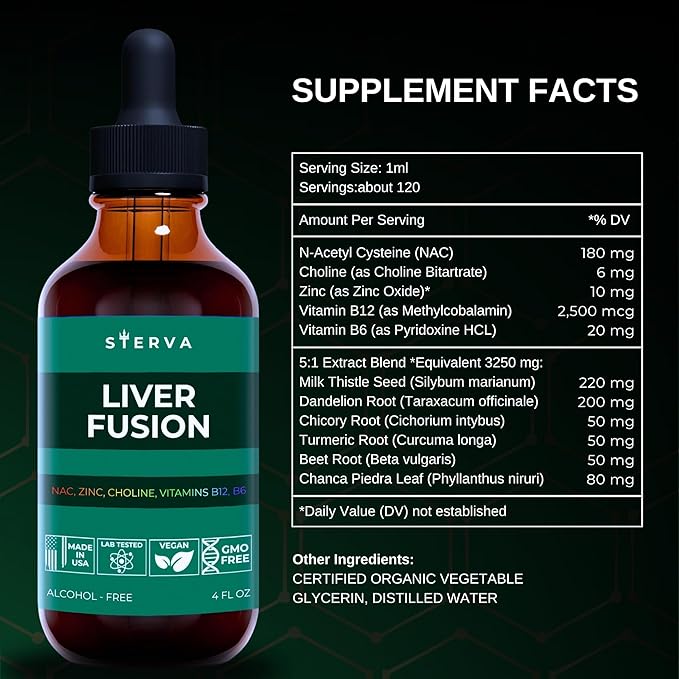 Liver Fusion Liquid Supplement - NAC, Choline, Zinc, Vitamins B12, B6 - Milk Thistle, Dandelion Tincture - Liver Detox and Repair - Silymarin Supplement - Drops - (4 Fl Oz)