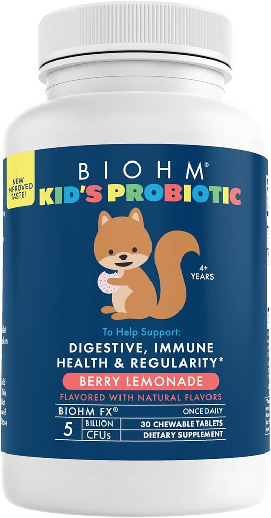 BIOHM Kids Probiotic, 5 Billion CFU (30 Chewable Tablets) Delicious Berry Lemonade, Daily Probiotics for Digestive Health, Stool Regularity & Immune Support, Vegan, Gluten-Free, Non-GMO, Ages 4+