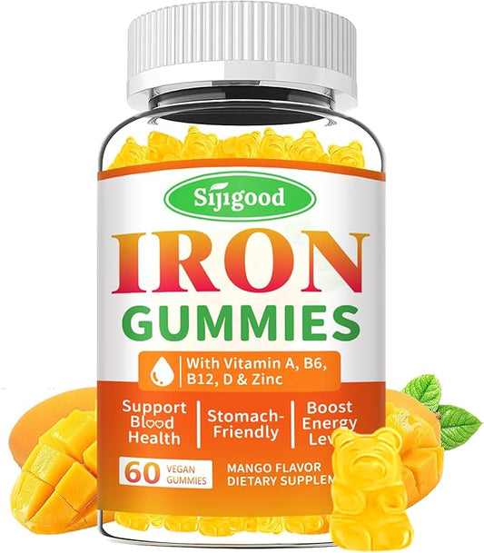 Iron Gummies for Women & Men - Vegan Iron Supplement for Anemia & Iron Deficiency, with Vitamin B12, Vitamin C, Zinc, Folate - Energy Boost, Sugar-Free, Mango Flavor, 60 Count