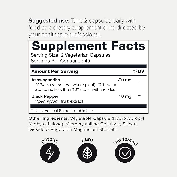 Ashwagandha - Ultra High Potency 20:1 Extract with 10% Withanolides - Wild Harvested in India - Highly Concentrated - Third-Party Lab Tested - 90 Capsules