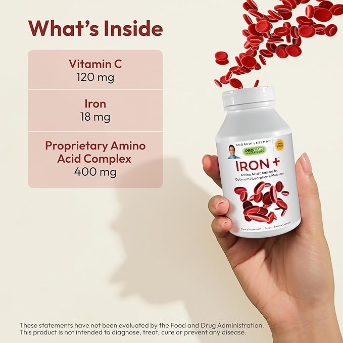 ANDREW LESSMAN Iron Plus 180 Capsules - 18mg Iron, 100% Pure Amino Acid Chelated Iron (Glycinate, Aspartate), Plus Vitamin C for Increased Absorption, Small, Easy to Swallow Capsules, No Additives