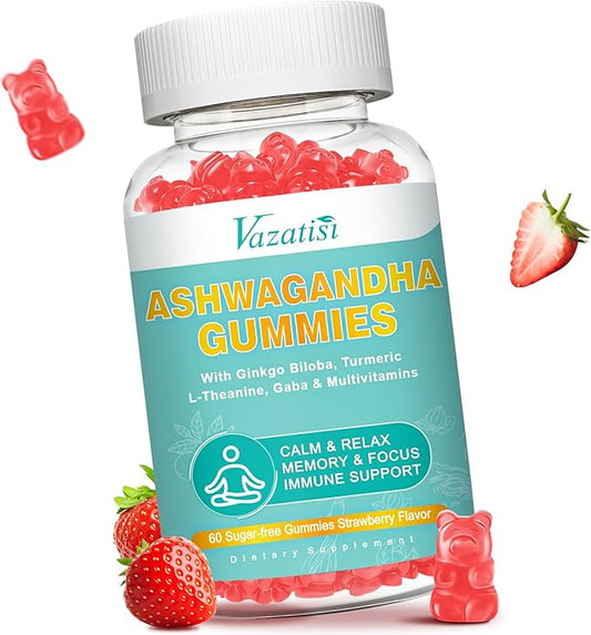 Ashwagandha Gummies with Turmeric GABA Mood Energy and Immune Support, Strawberry Flavor 60 Cts