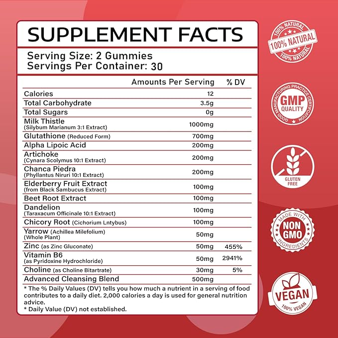 Liver Cleanse Detox and Repair Gummies - Silymarin Milk Thistle Supplement with Artichoke, Dandelion and Elderberry - Liver Support Supplement - 60 Raspberry Flavored Gummies
